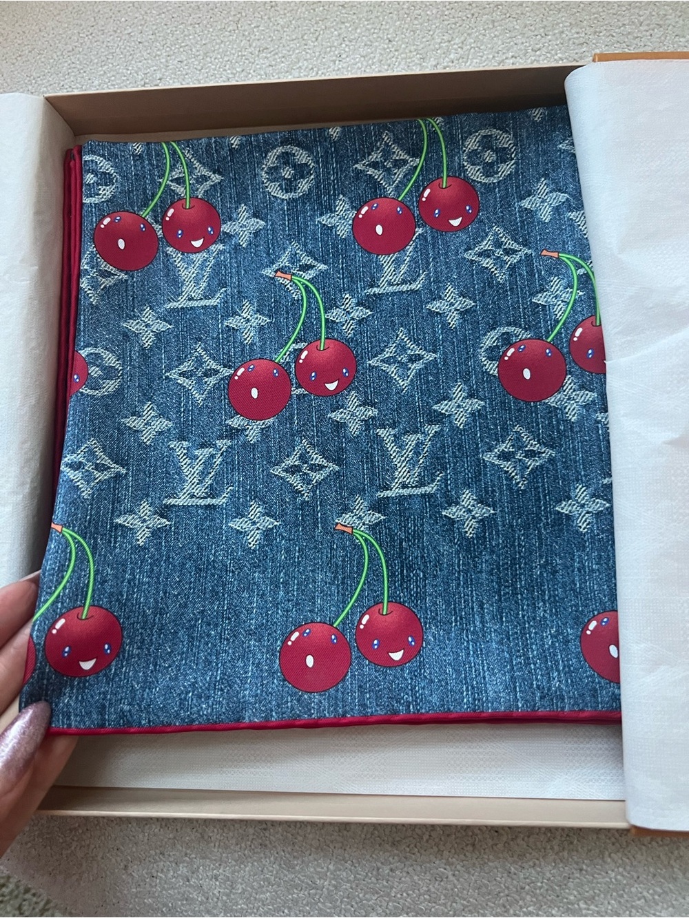 Louis Vuitton Silk Monogram Cerise Square 90 Denim Blue LV X TM 🍒 NIB - Picture 2 of 5
